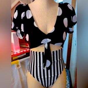 Tabitha Brown Retro Polka Dot Black and White Swimsuit